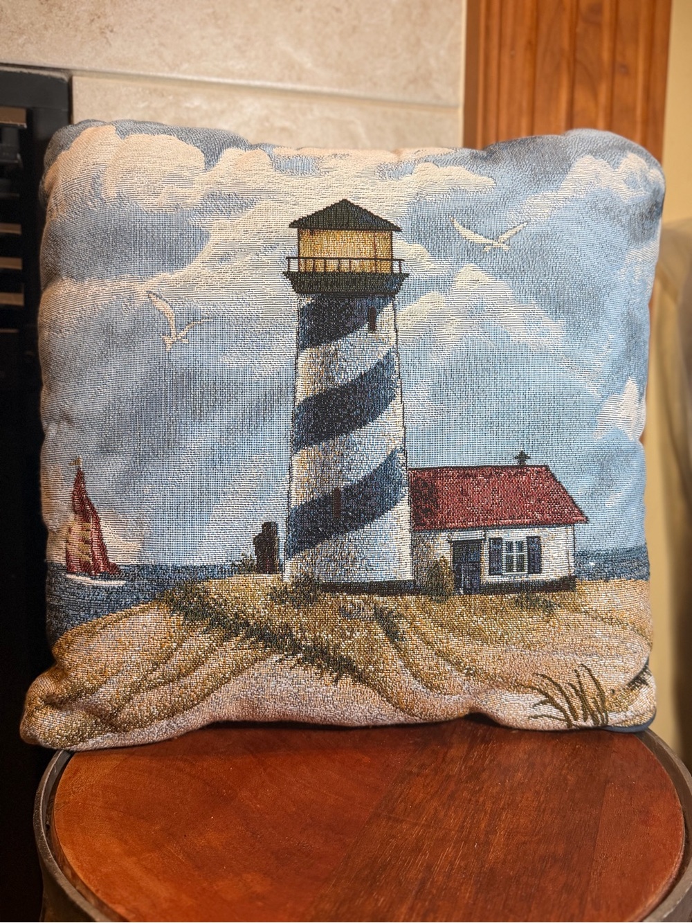 Lighthouse Nautical Tapestry Decor/Throw Pillow Seagulls Beach House 16x16